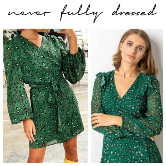 New Never Fully Dressed Mini Dress Sz 4 Small Animal Print Leopard Green Belted - Picture 1 of 4